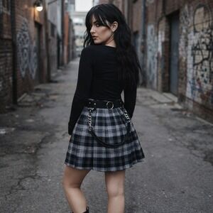 Punk Rave Plaid Pleated Mini Skirt L Gothic Academia Grunge Alt Chain Belt Emo